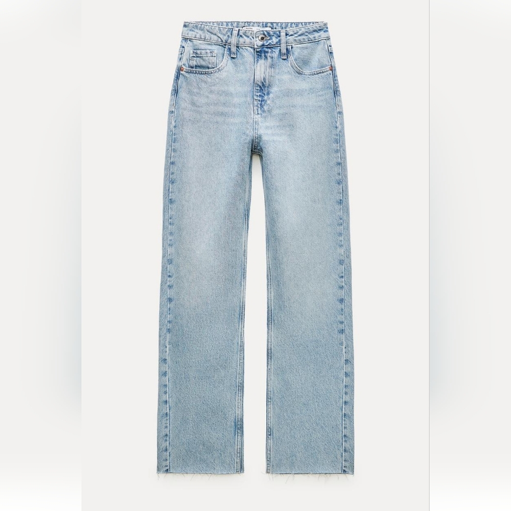 Zara Straight Leg Light Wash Frayed Hem Jeans